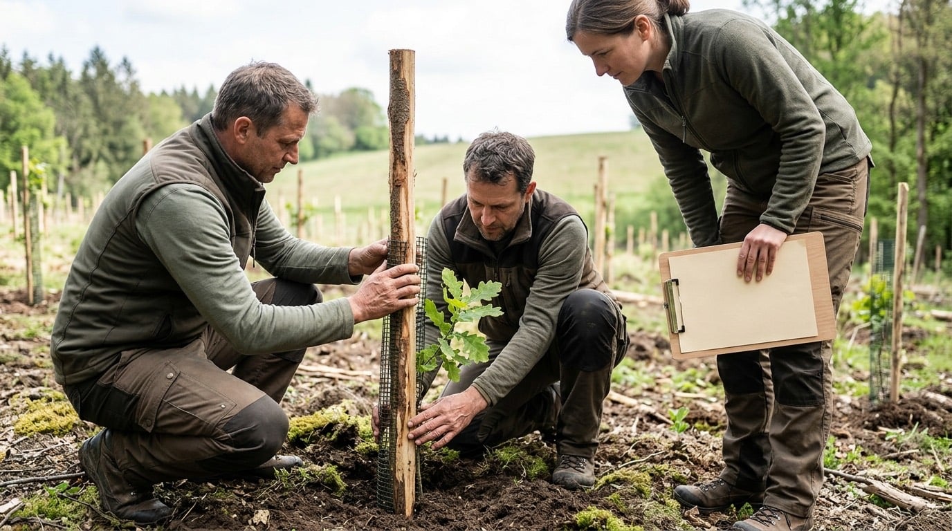 Team setzt Holzpfosten neben junge Setzlinge auf einer Pflanzflaeche
