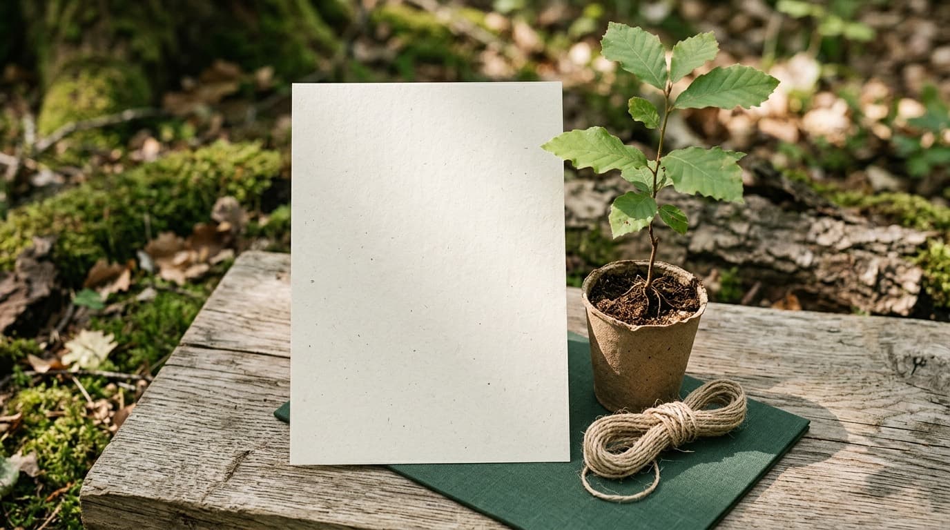 Leeres Zertifikat, Setzling und naturfarbene Unterlagen als Nachweis-Symbol